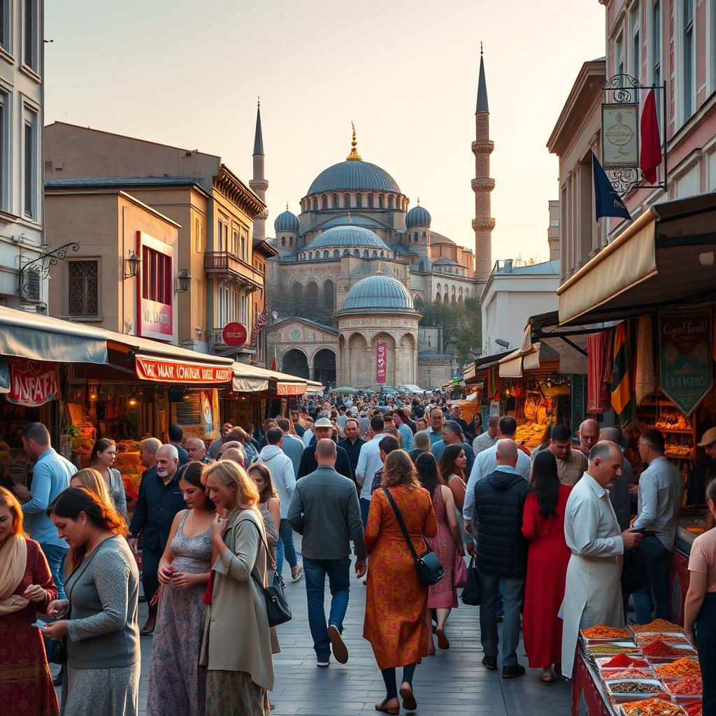 A vibrant street scene in Istanbul, showcasing the iconic architecture and colorful markets