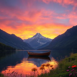 A stunning landscape featuring a serene lake surrounded by majestic mountains during sunset