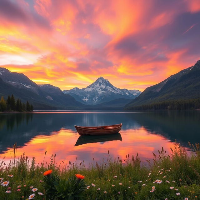 A stunning landscape featuring a serene lake surrounded by majestic mountains during sunset