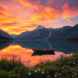 A stunning landscape featuring a serene lake surrounded by majestic mountains during sunset