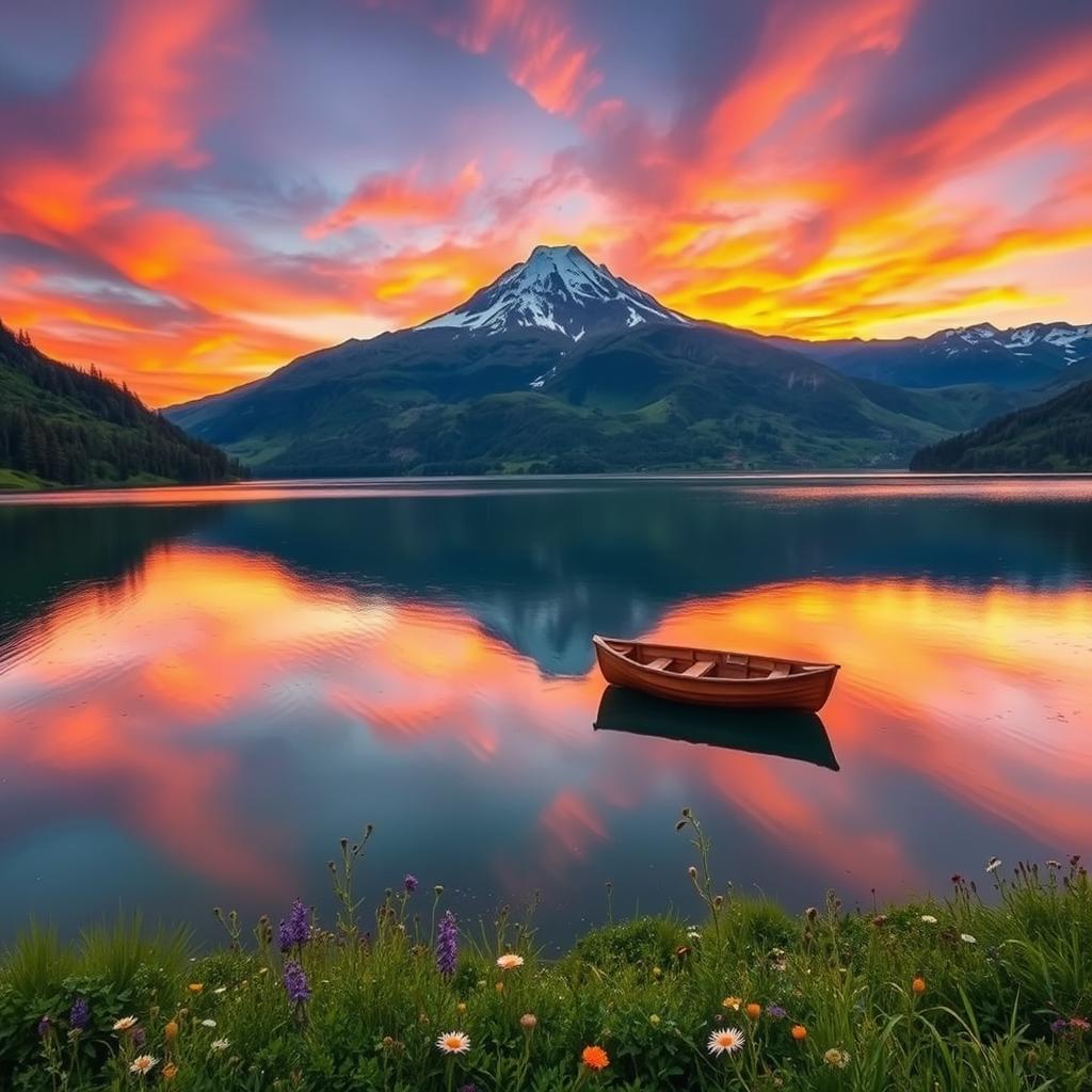 A stunning landscape featuring a serene lake surrounded by majestic mountains during sunset