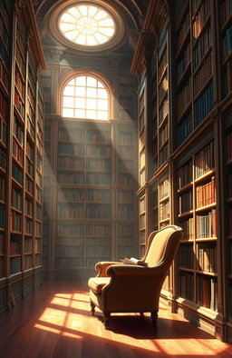A stunning digital painting of an elegant library filled with tall, wooden bookshelves brimming with colorful books