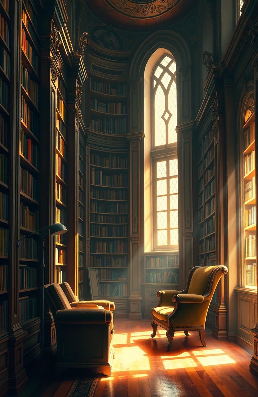 A stunning digital painting of an elegant library filled with tall, wooden bookshelves brimming with colorful books