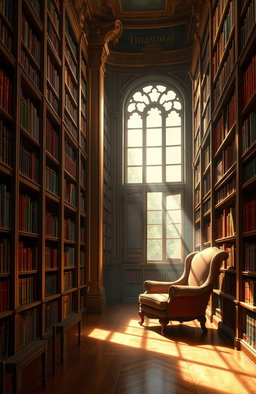 A stunning digital painting of an elegant library filled with tall, wooden bookshelves brimming with colorful books