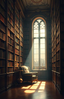 A stunning digital painting of an elegant library filled with tall, wooden bookshelves brimming with colorful books