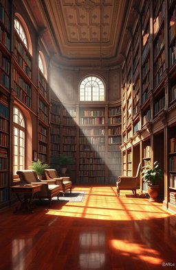 A stunning digital painting of an elegant library filled with tall bookshelves bursting with colorful books