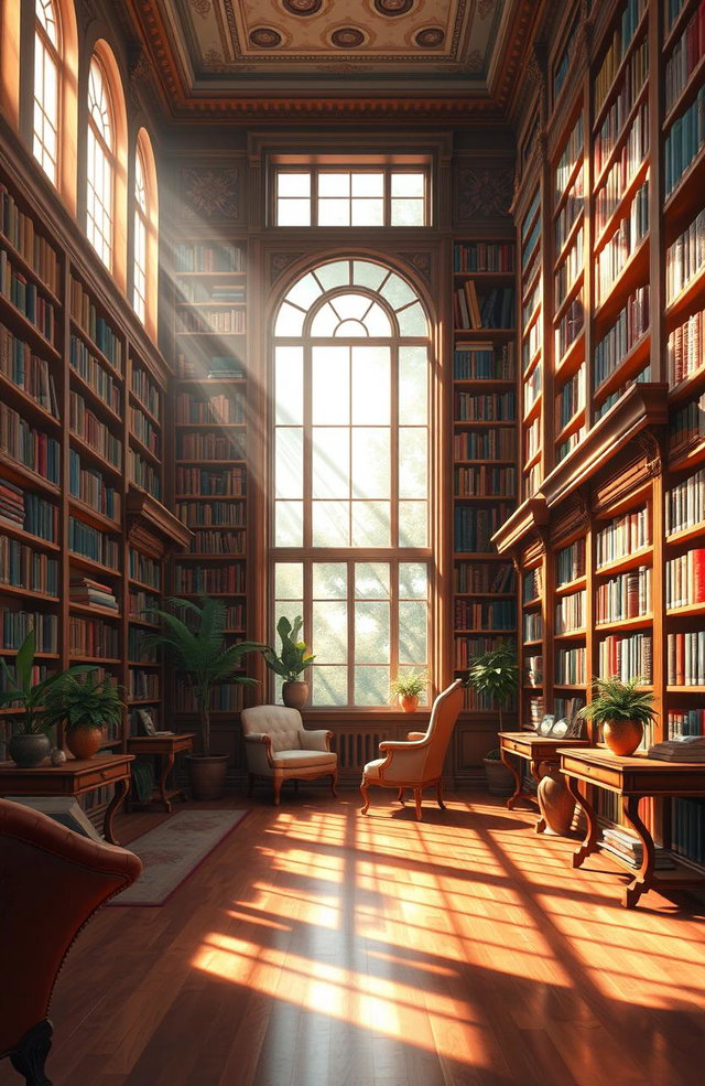 A stunning digital painting of an elegant library filled with tall bookshelves bursting with colorful books