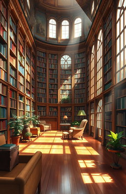 A stunning digital painting of an elegant library filled with tall bookshelves bursting with colorful books
