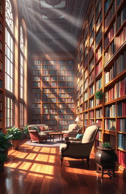A stunning digital painting of an elegant library filled with tall bookshelves bursting with colorful books