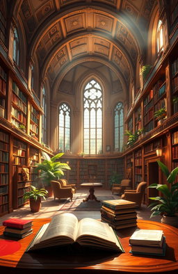 A stunning digital painting of an ornate library filled with shelves overflowing with books