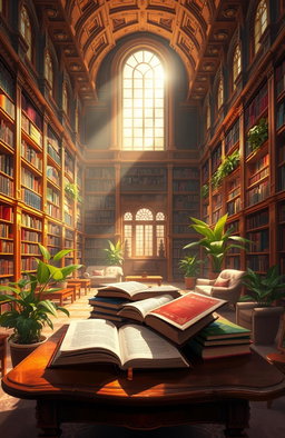 A stunning digital painting of an ornate library filled with shelves overflowing with books