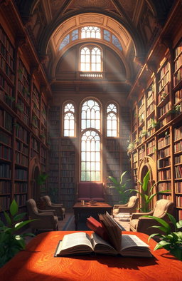 A stunning digital painting of an ornate library filled with shelves overflowing with books