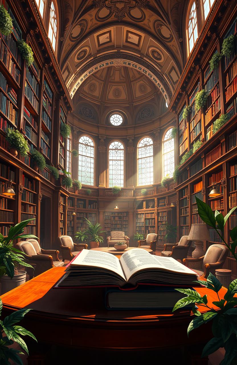 A stunning digital painting of an ornate library filled with shelves overflowing with books