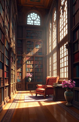 A beautiful digital painting of an elegant library filled with a variety of colorful books