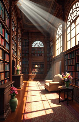 A beautiful digital painting of an elegant library filled with a variety of colorful books