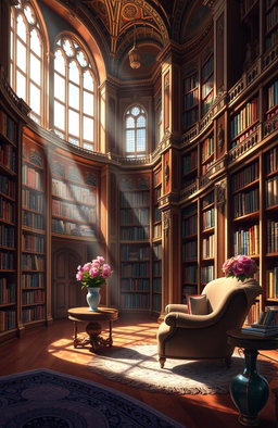 A beautiful digital painting of an elegant library filled with a variety of colorful books