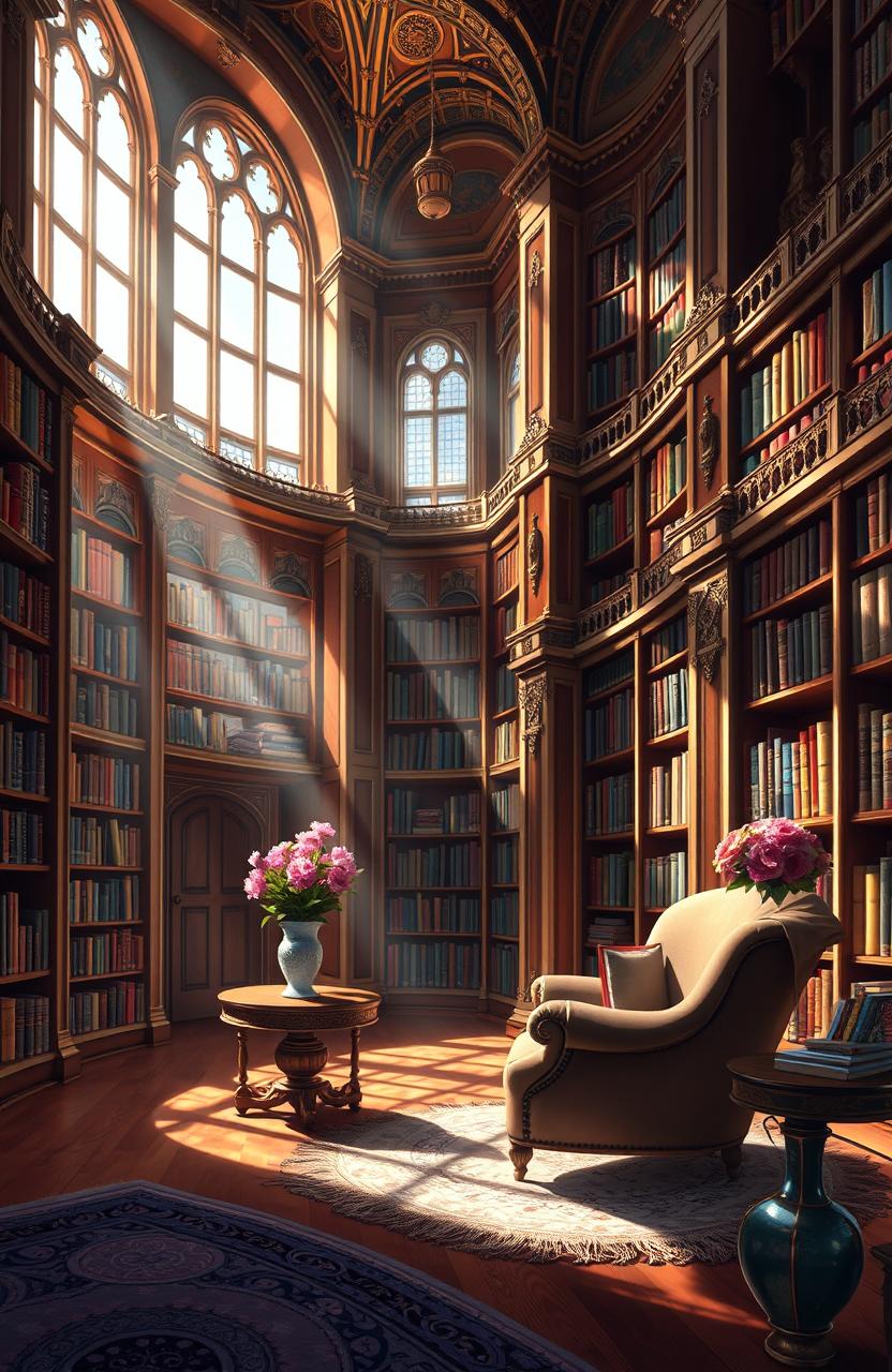 A beautiful digital painting of an elegant library filled with a variety of colorful books