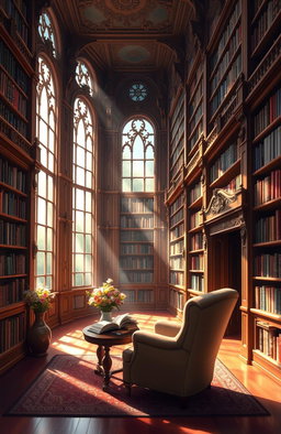 A beautiful digital painting of an elegant library filled with a variety of colorful books