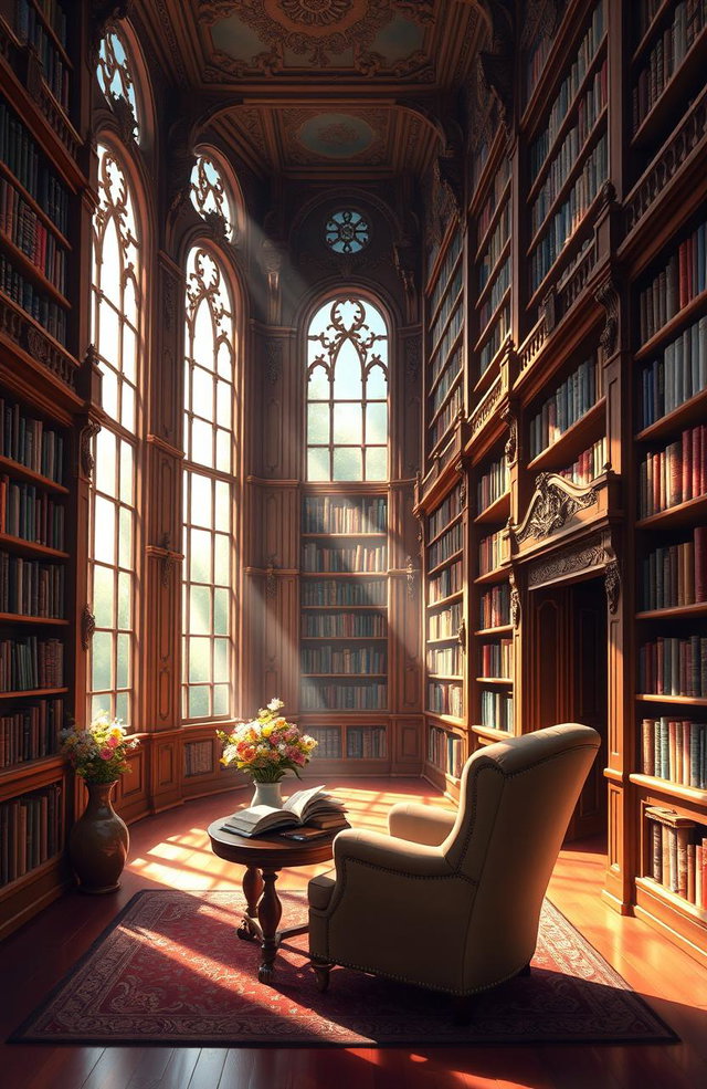 A beautiful digital painting of an elegant library filled with a variety of colorful books