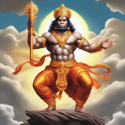 A detailed and respectful depiction of Shree Hanuman Ji, in a powerful stance, holding a mace and soaring through the sky.