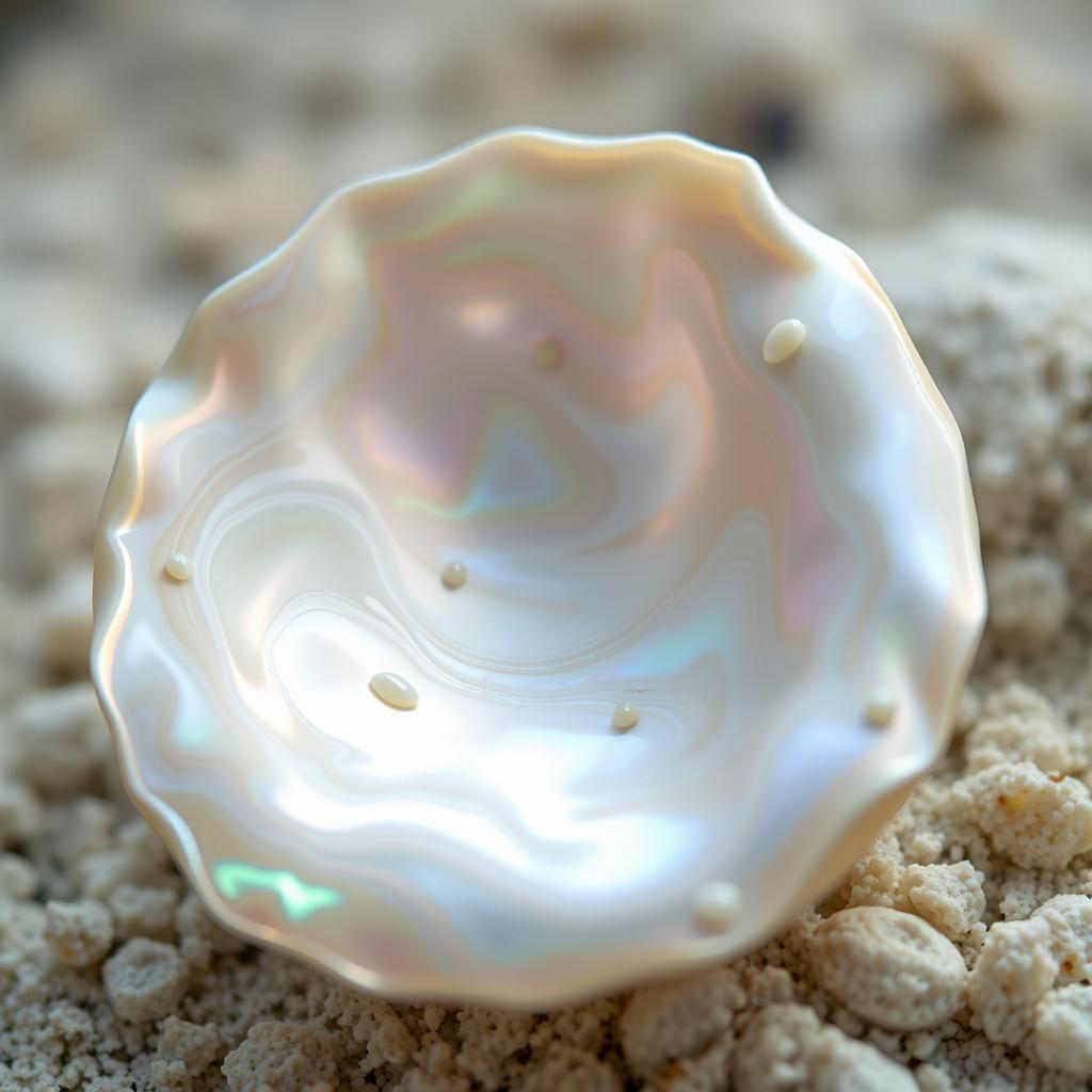 A close-up view of a beautiful mother of pearl shell, showcasing its lustrous, iridescent surface with swirling patterns of white, pink, and green hues