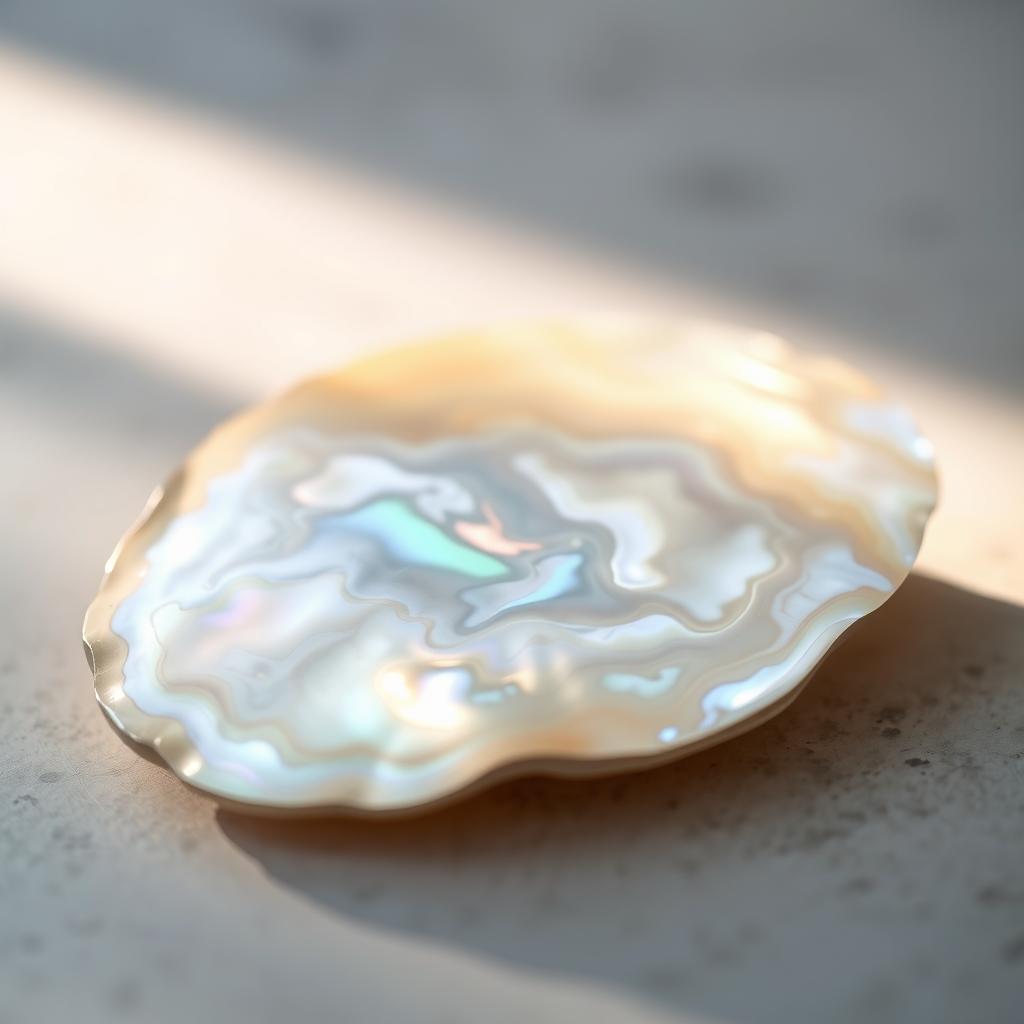 A captivating image of mother of pearl content, featuring a slice of mother of pearl shell displaying its unique iridescent surface