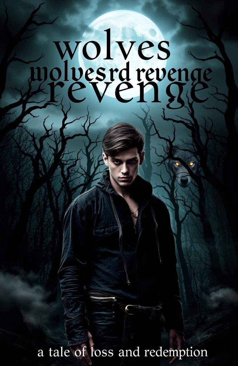 A dramatic and dark fantasy book cover titled 'wolves and revenge'