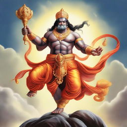 A detailed and respectful depiction of Shree Hanuman Ji, in a powerful stance, holding a mace and soaring through the sky.