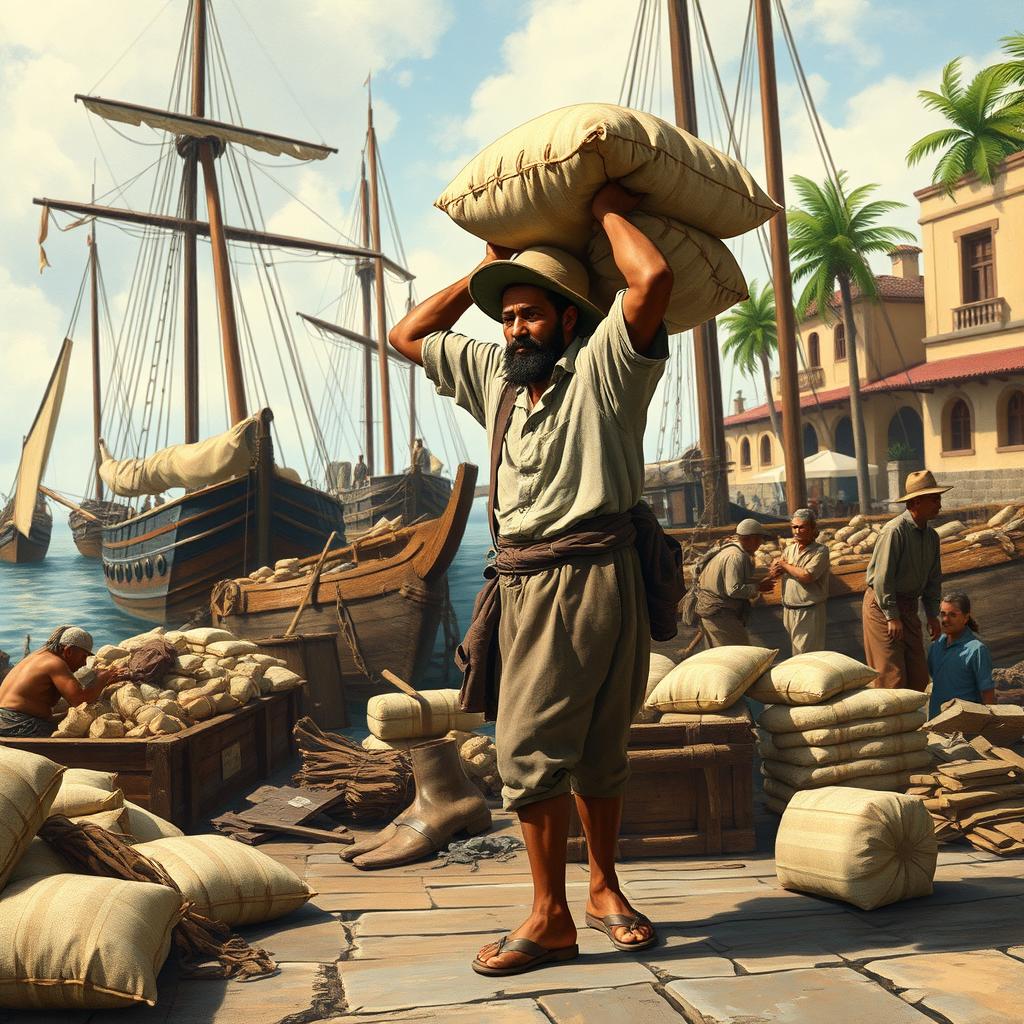 A detailed scene featuring a dock worker, known as an estivador, in a bustling port from the year 1810