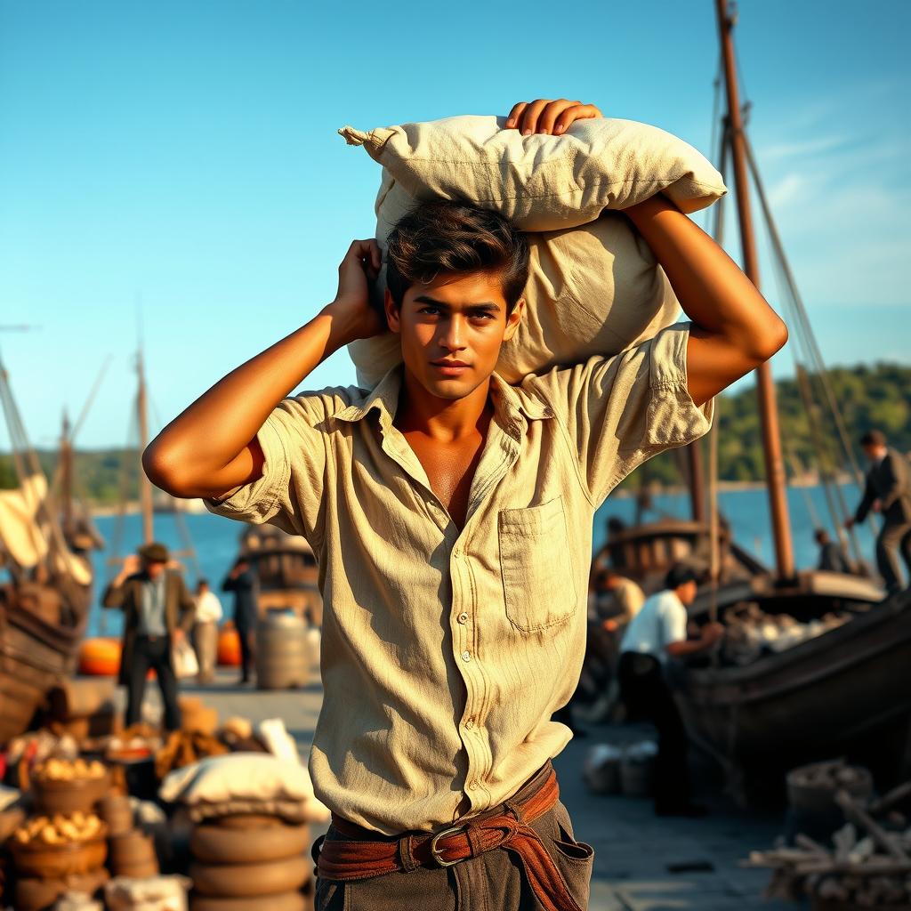 A captivating scene featuring a young and handsome dock worker, known as an estivador, in a bustling port from the year 1810