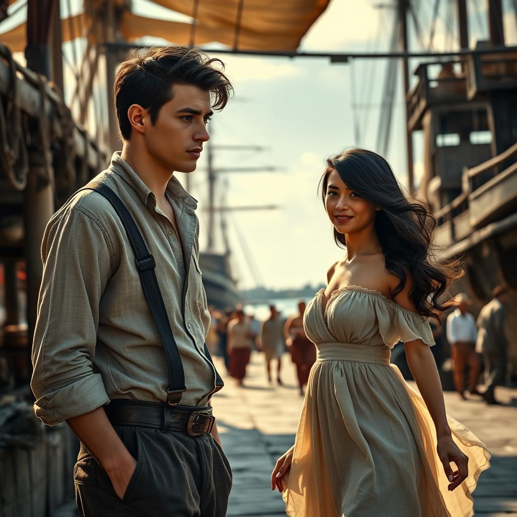 A captivating scene featuring a young and handsome dock worker, known as an estivador, in a bustling port setting reminiscent of 1810
