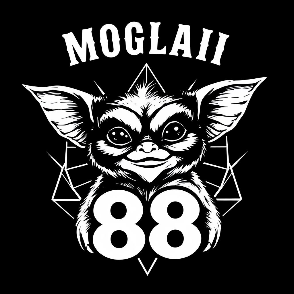 A black and white illustration of a Mogwai, the cute creature from the Gremlins movie, prominently featuring its expressive face highlighted with detailed, ink-like shadows