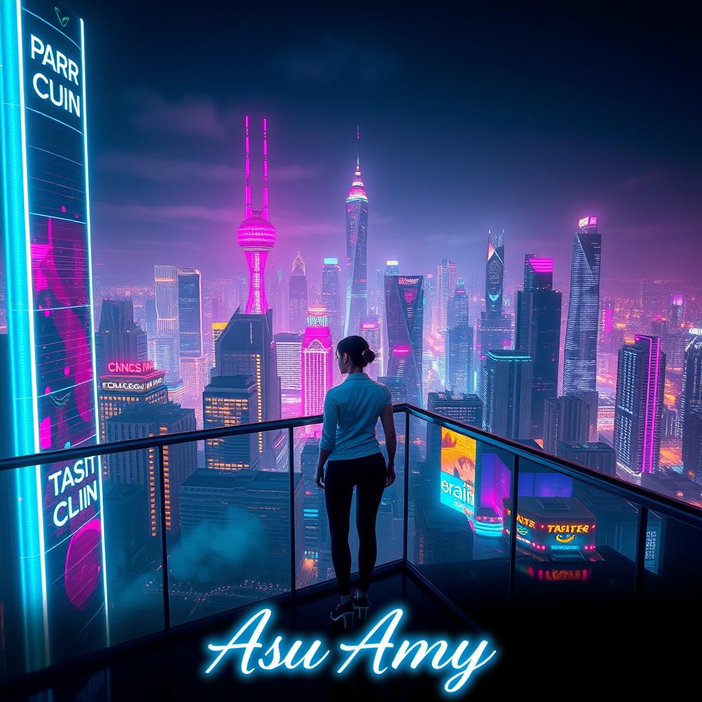 A visually striking photo of a digital artwork featuring a futuristic cityscape at night