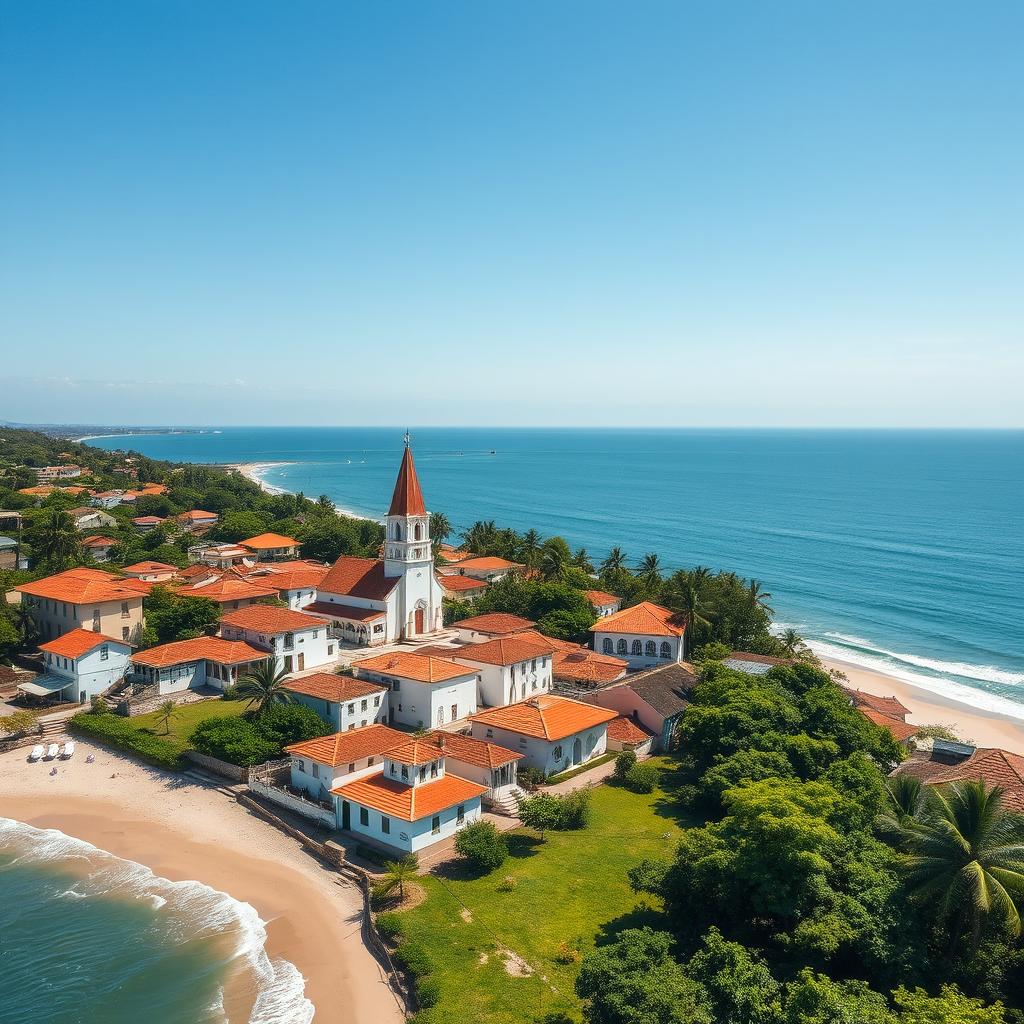 An aerial view of Ubatuba in the year 1810, capturing the charming colonial architecture of the town