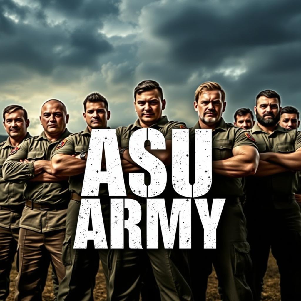 A powerful composition featuring a group of strong men dressed in military uniforms, standing together in a proud and confident posture