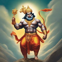 A detailed and respectful depiction of Shree Hanuman Ji, in a powerful stance, holding a mace and soaring through the sky.