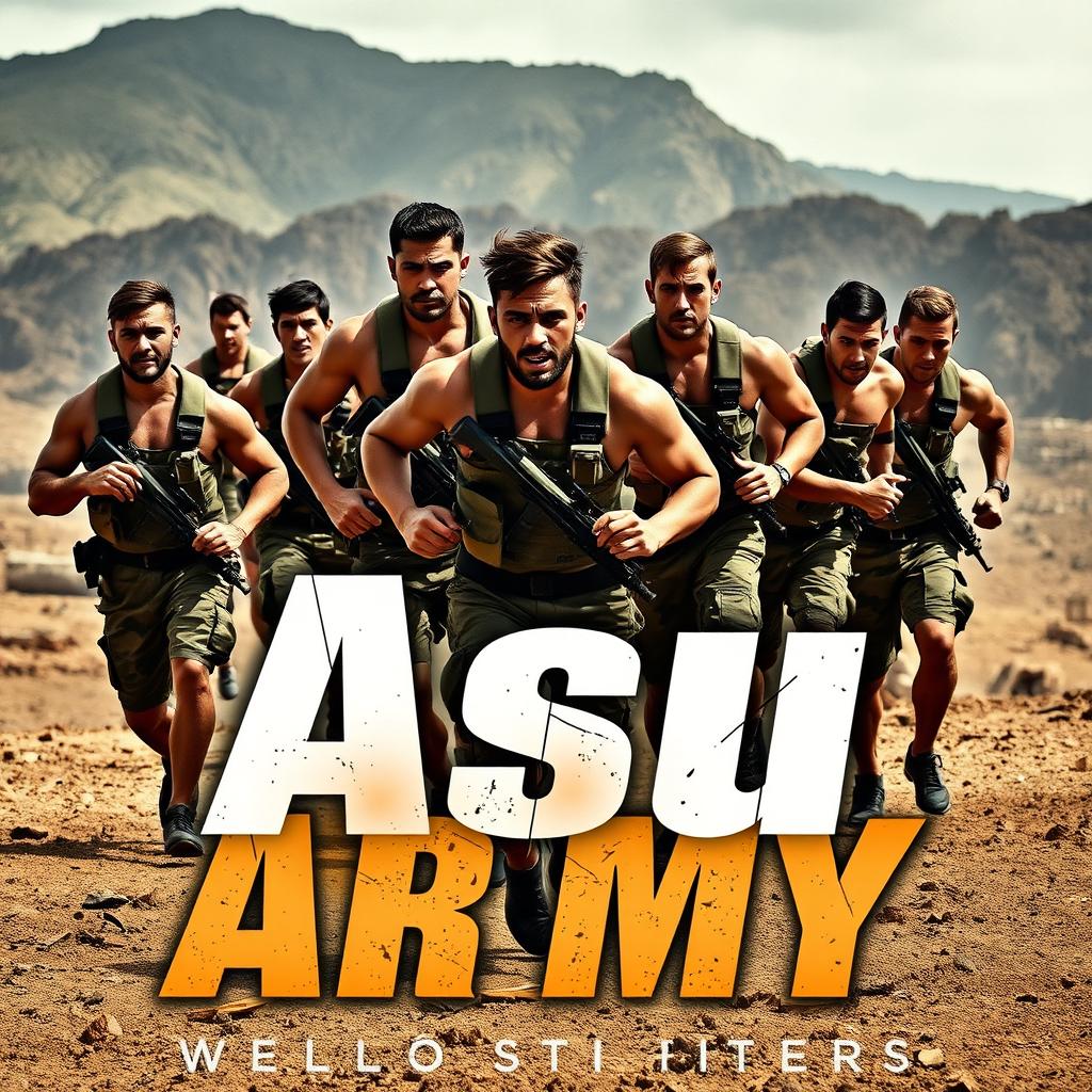 A dynamic and powerful image showcasing a group of muscular men in an intense army training scenario