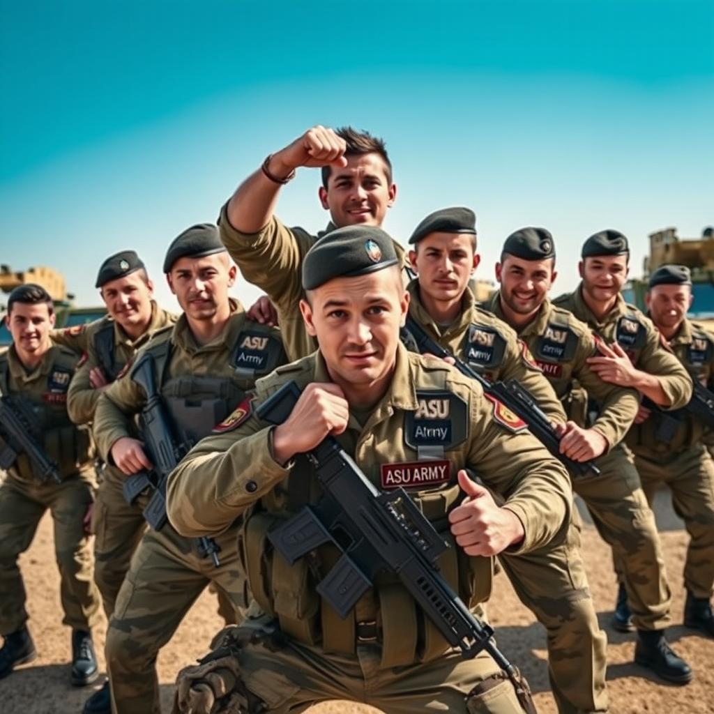 A powerful image featuring a group of male soldiers in a dynamic pose, all wearing military uniforms with the emblem "Asu Army" prominently displayed on their gear