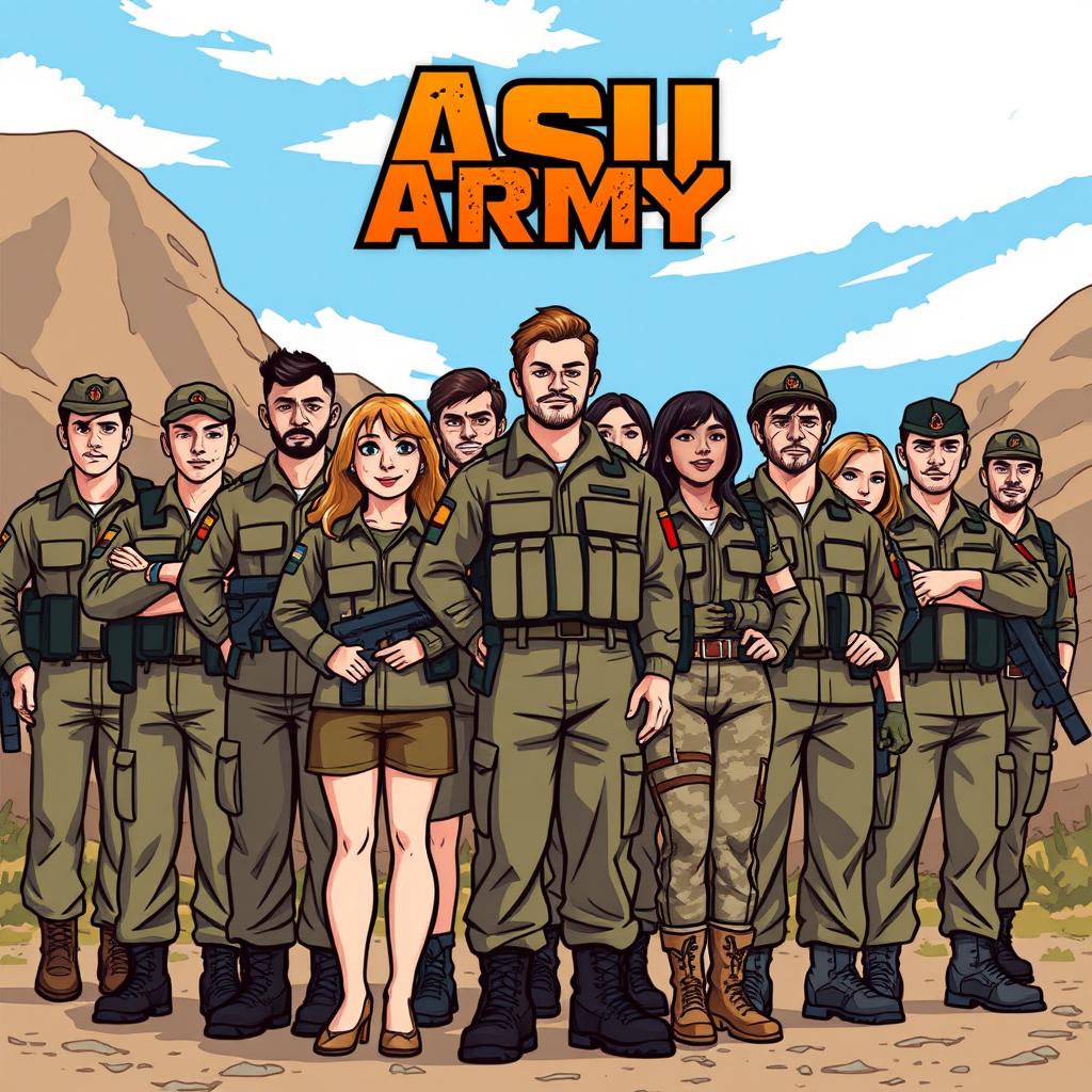 A dynamic illustration featuring a diverse group of men and women in military attire, standing together in a unified stance, showcasing camaraderie and strength