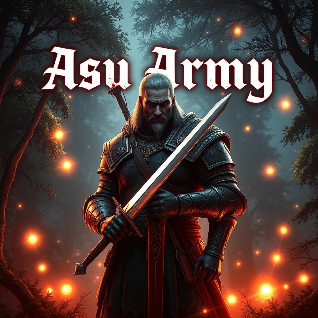 A fantasy-themed image inspired by the universe of The Witcher, featuring a valiant soldier from the Asu army prominently displayed in the foreground