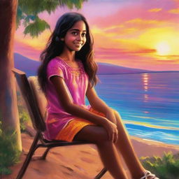 A young girl named Priya, depicted sitting comfortably on a chair, her face relaxed and content as she enjoys the breathtaking view of a colorful sunset.