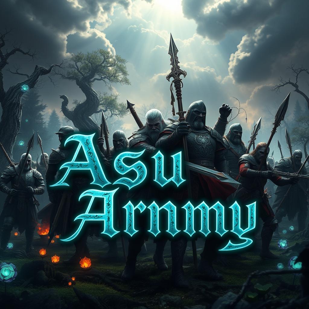A fantastical battle scene inspired by a Witcher-themed universe featuring an army with intricate armor patterns, wielding unique medieval weapons