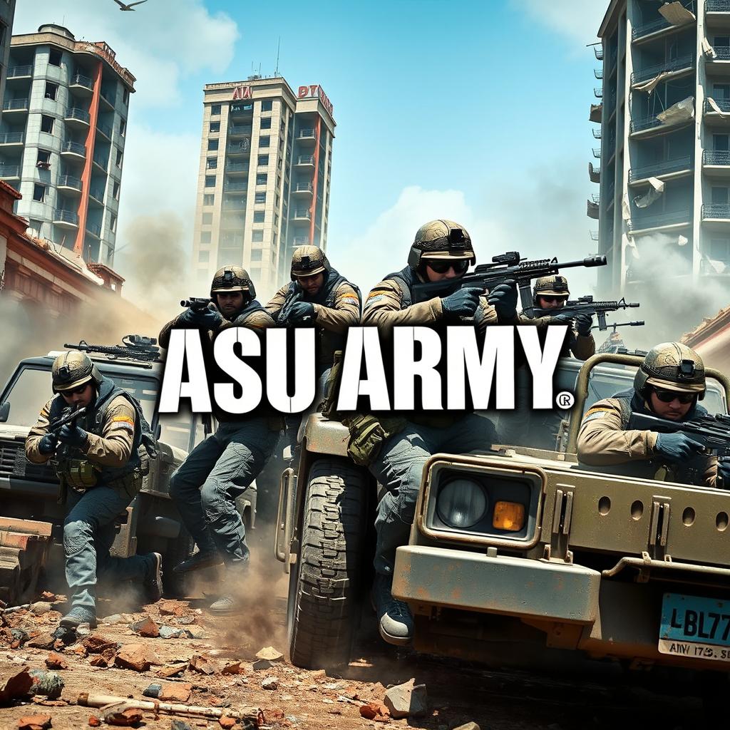 An action-packed scene from a Call of Duty style video game featuring a group of soldiers in modern military gear