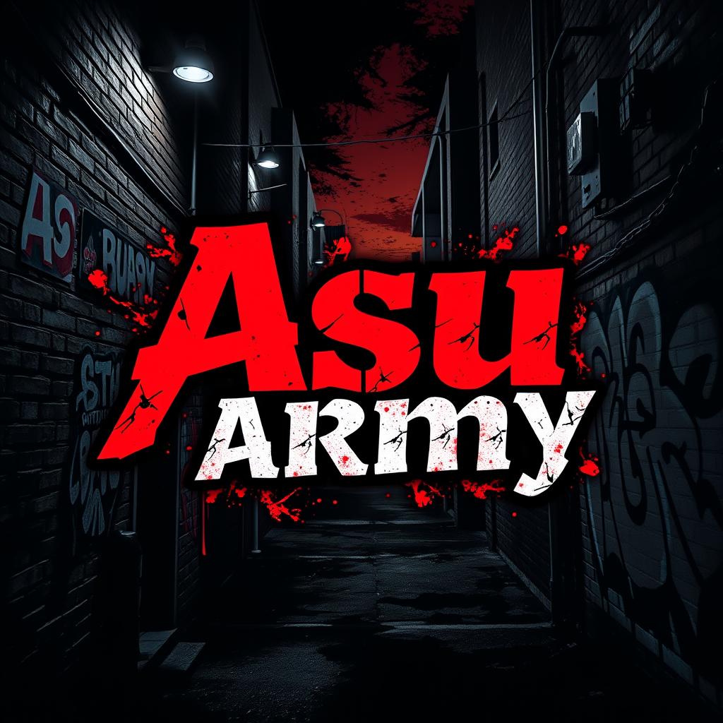 A bold graphic design featuring the text 'Asu Army' in an edgy, military-style font, layered over an intense background depicting a mafia-themed urban landscape