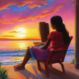 A young girl named Priya, depicted sitting comfortably on a chair, her face relaxed and content as she enjoys the breathtaking view of a colorful sunset.