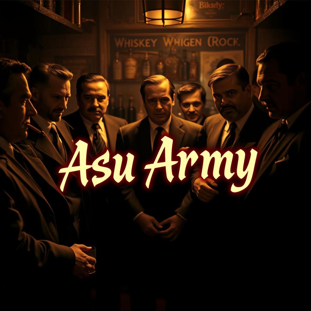 A group of mafia men in sharp suits gathered in a dimly lit, atmospheric underground bar