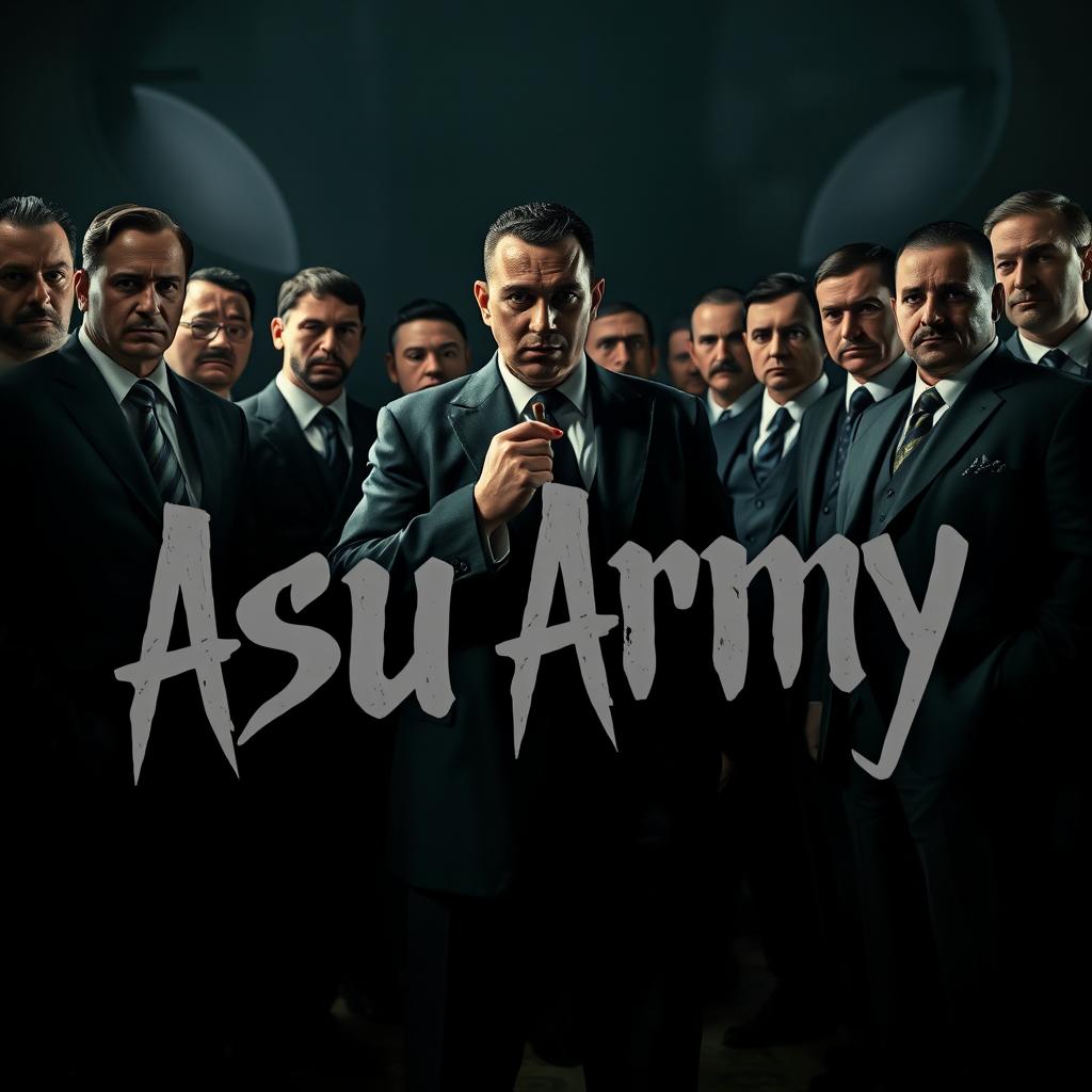 A dramatic scene featuring mafia men gathered in a dark, atmospheric setting, dressed in classic suits and exuding an air of power and intimidation