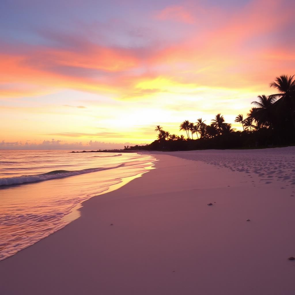 A beautiful sunset over a tranquil beach, with gentle waves lapping at the shore