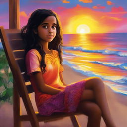 A young girl named Priya, depicted sitting comfortably on a chair, her face relaxed and content as she enjoys the breathtaking view of a colorful sunset.