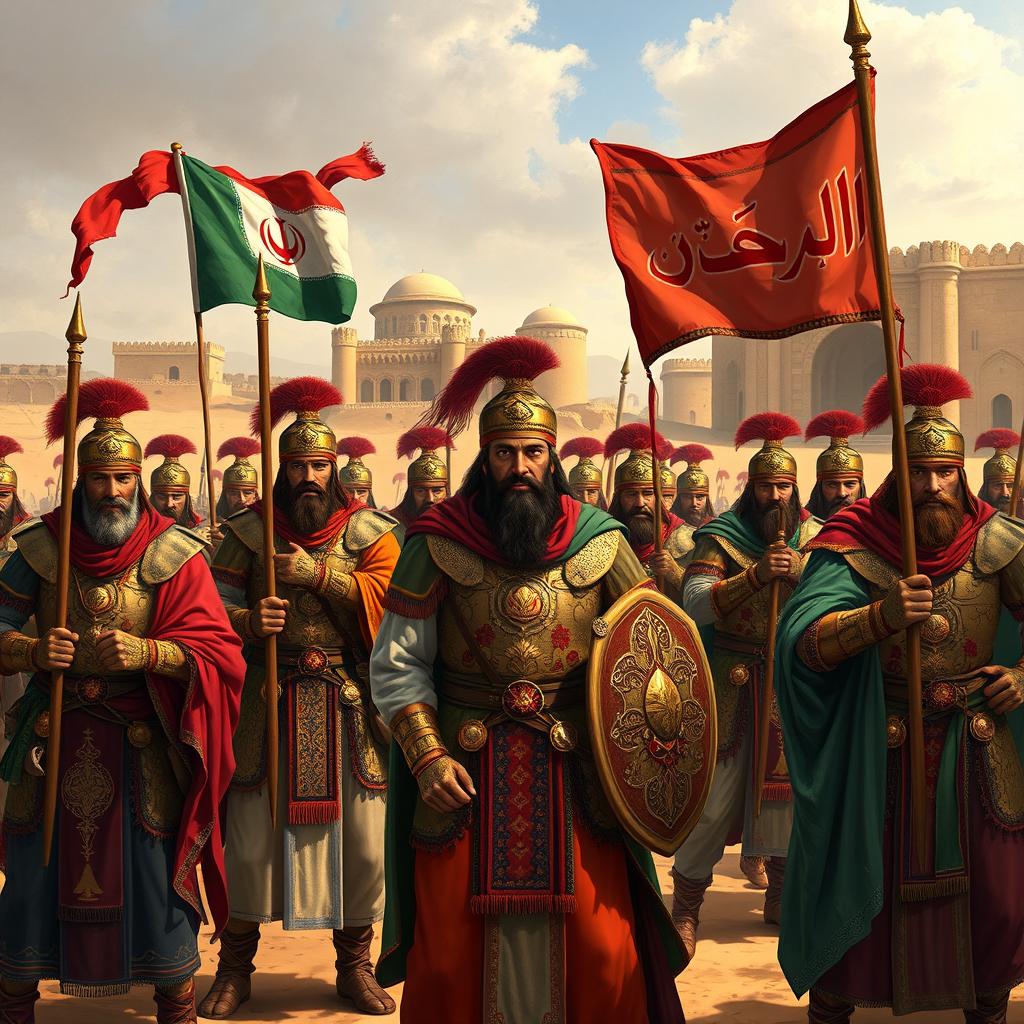 An artistic representation of an ancient Iranian army scene featuring soldiers in traditional attire, showcasing the rich cultural heritage, vibrant armor, and historical banners with the text 'Asu Army' elegantly integrated into the artwork